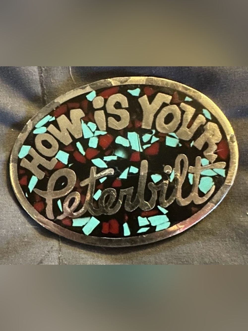 Mosaic Style belt buckle, Turquoise and Red Rubellite hand made 1 of a kind.